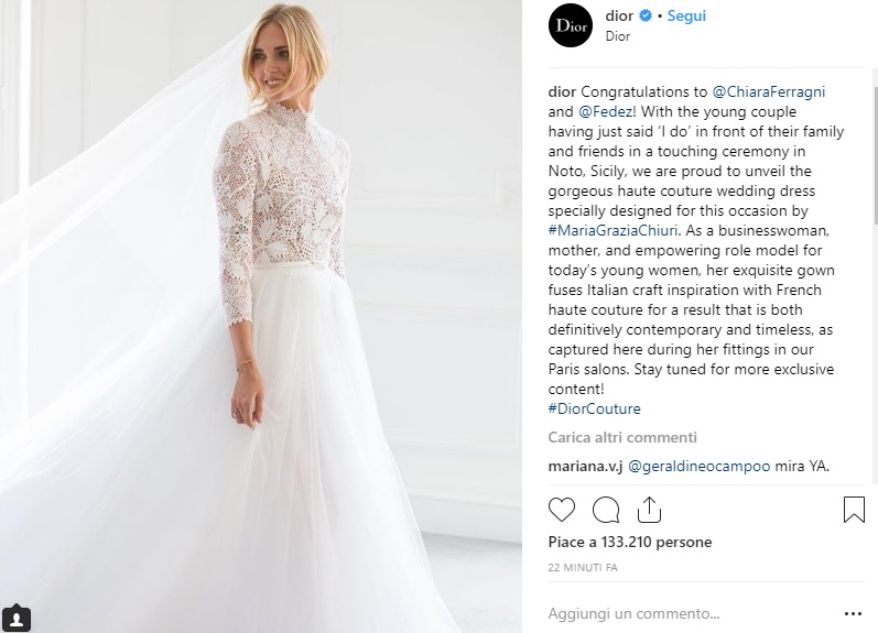 Abito da sposa Dior Chiara Ferragni