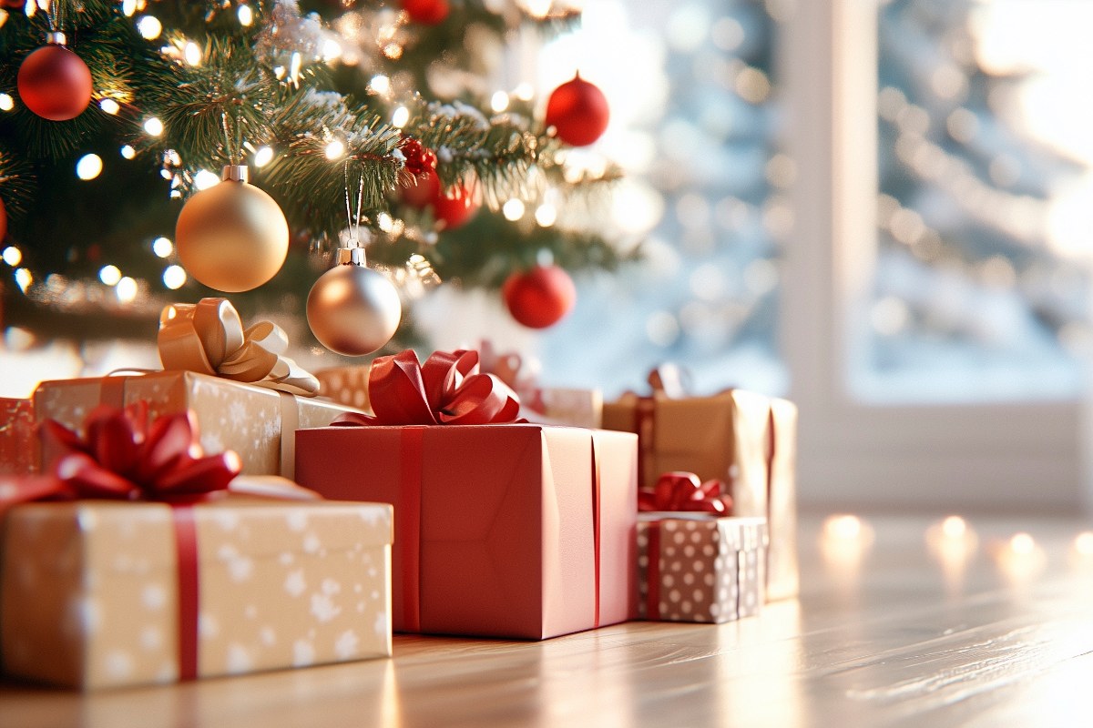 Albero di Natale addobbato, pacchetti regalo disposti alla base.