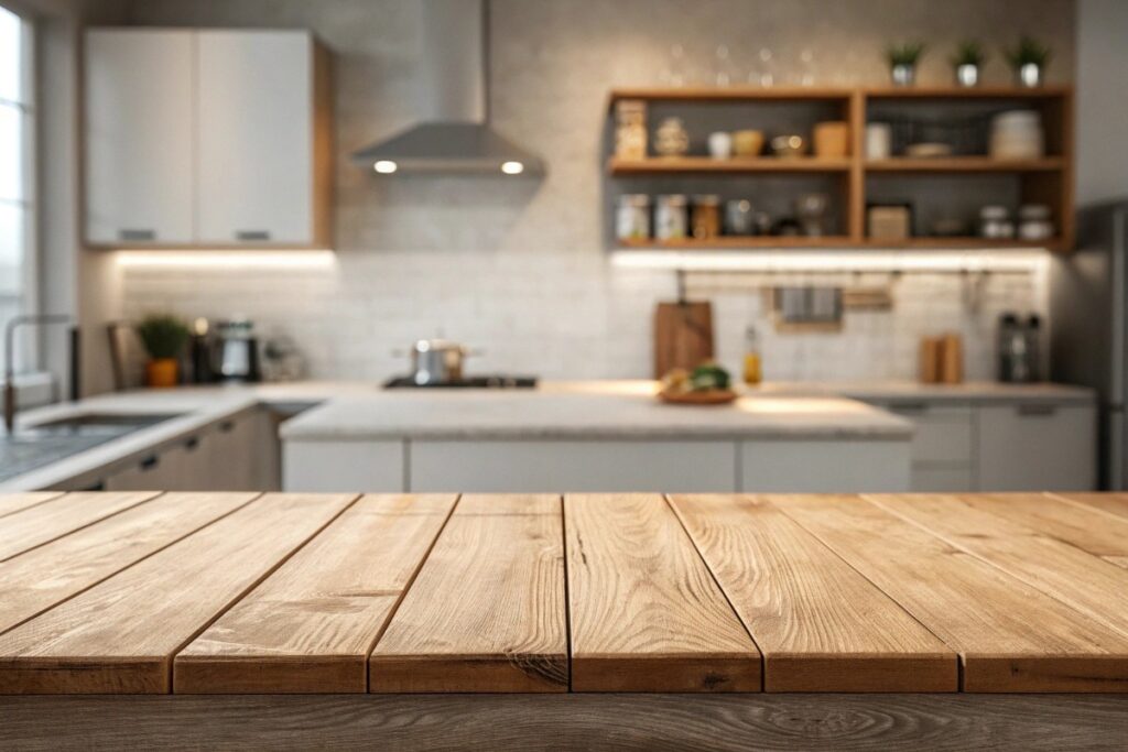 Cucina moderna con finiture e dettagli in legno.