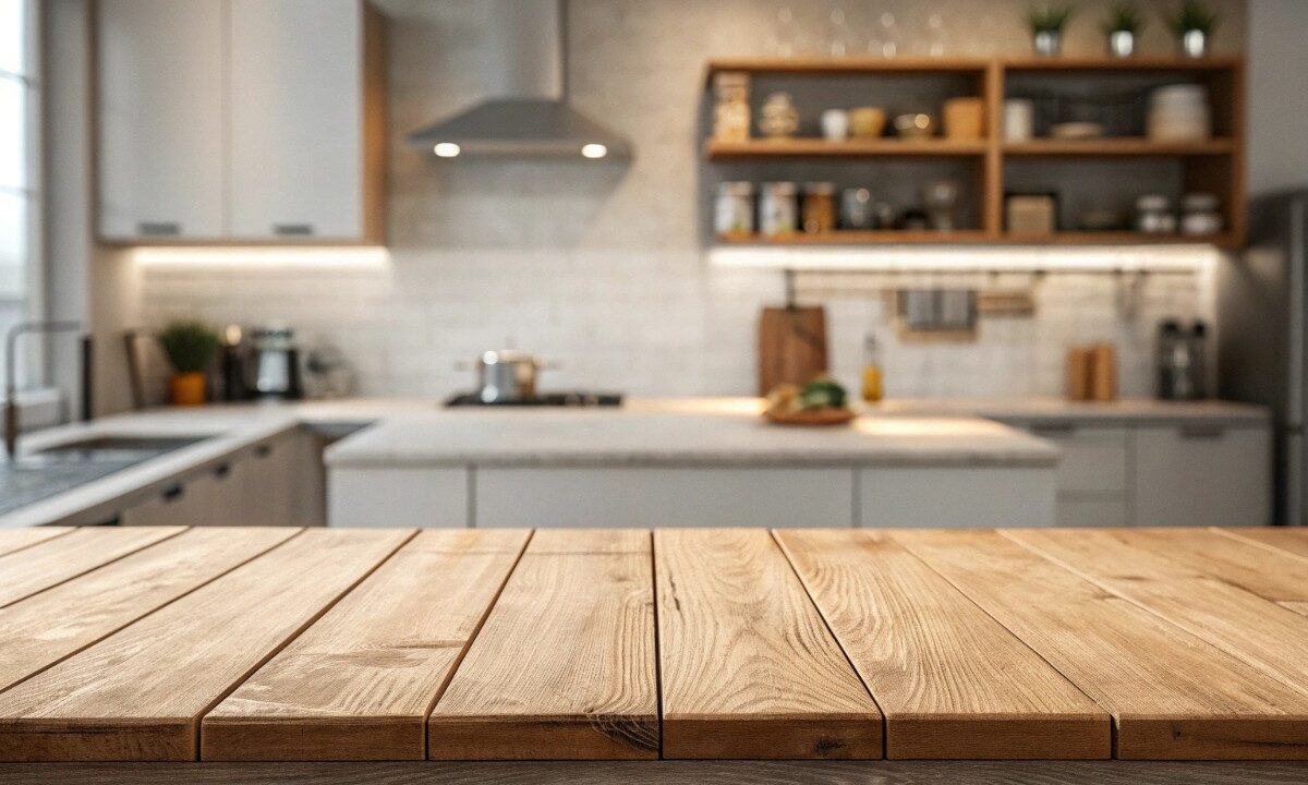 Cucina moderna con finiture e dettagli in legno.