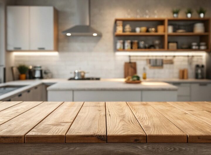 Cucina moderna con finiture e dettagli in legno.