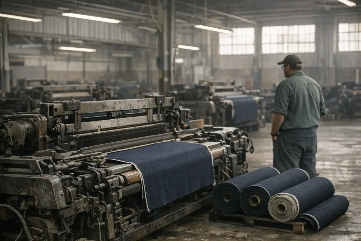 Telai industriali fermi con tessuto denim indaco e rotoli di stoffa in una filatura, con un operaio di spalle