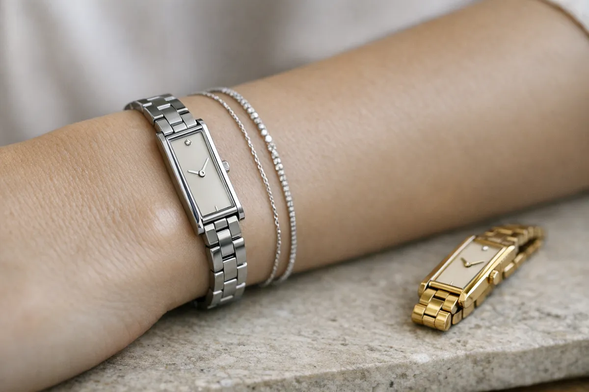 Orologio mini rettangolare in acciaio al polso con quadrante chiaro e piccolo dettaglio tipo diamante; secondo modello