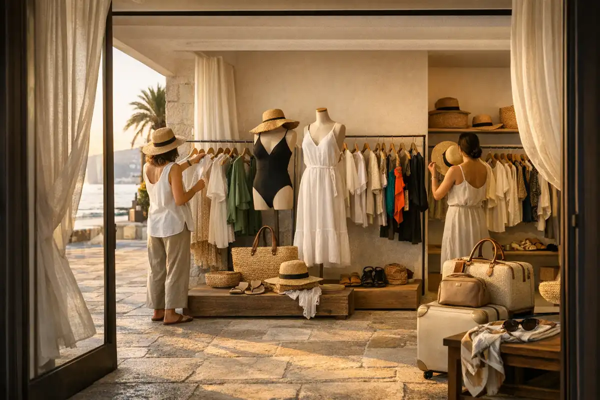 Boutique estiva sul mare con abiti in lino, costumi, cappelli di paglia e valigie, con due clienti che sfogliano i capi