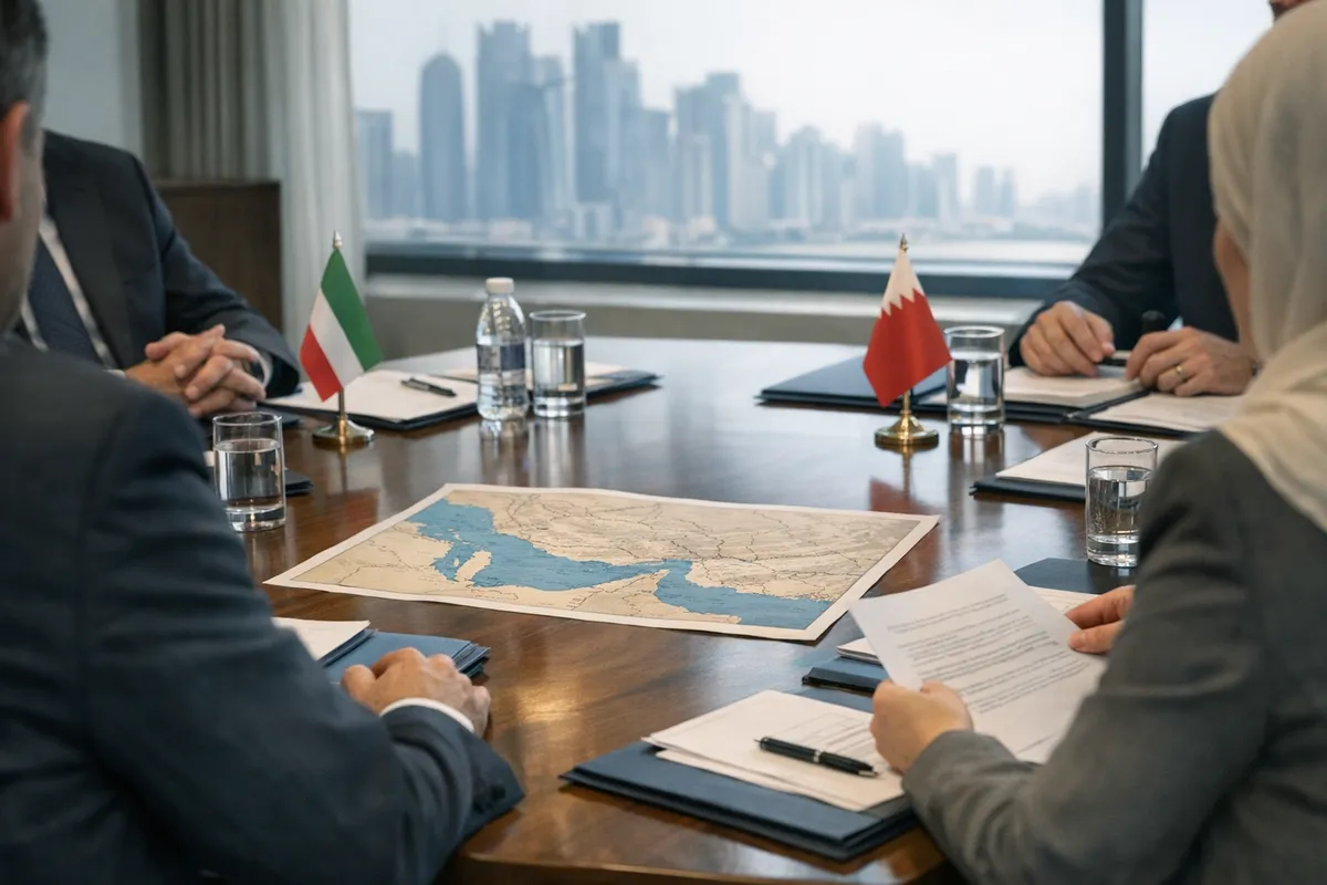 Diplomatici attorno a un tavolo con documenti e mappa del Golfo, bandierine e skyline sullo sfondo
