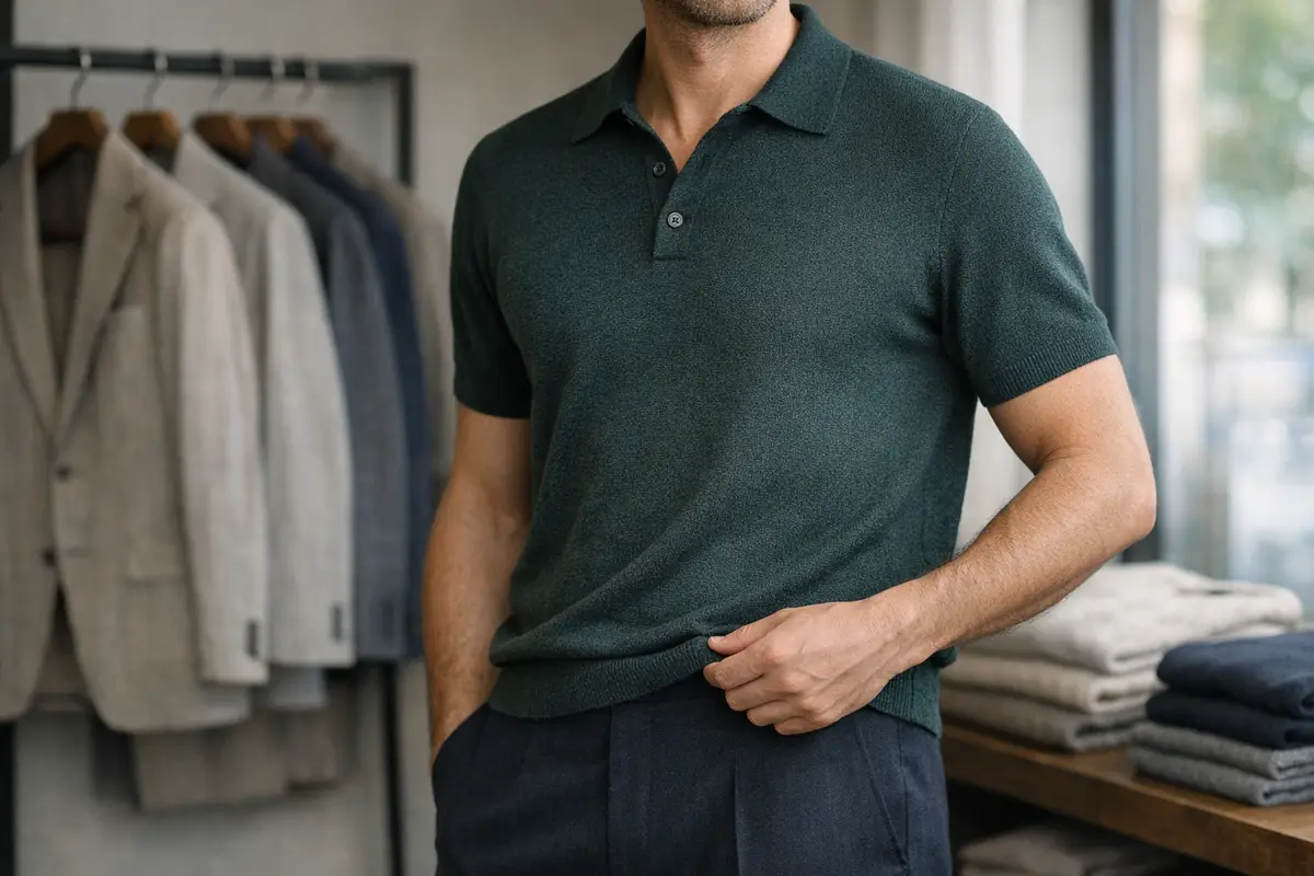 Uomo in boutique con polo in maglia verde scuro e pantaloni sartoriali, con giacche su gruccia sullo sfondo