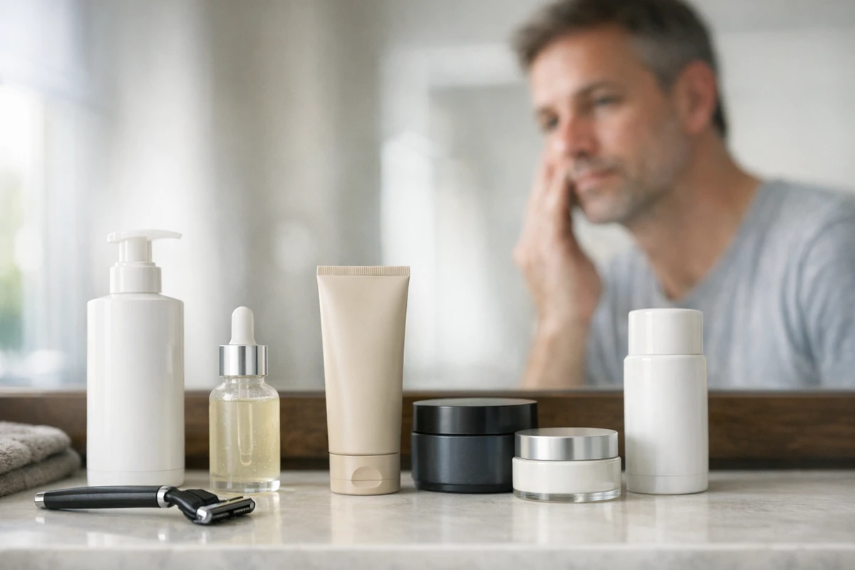 Set skincare uomo su un lavabo con flaconi neutri, siero con contagocce e rasoio, uomo sfocato sullo sfondo