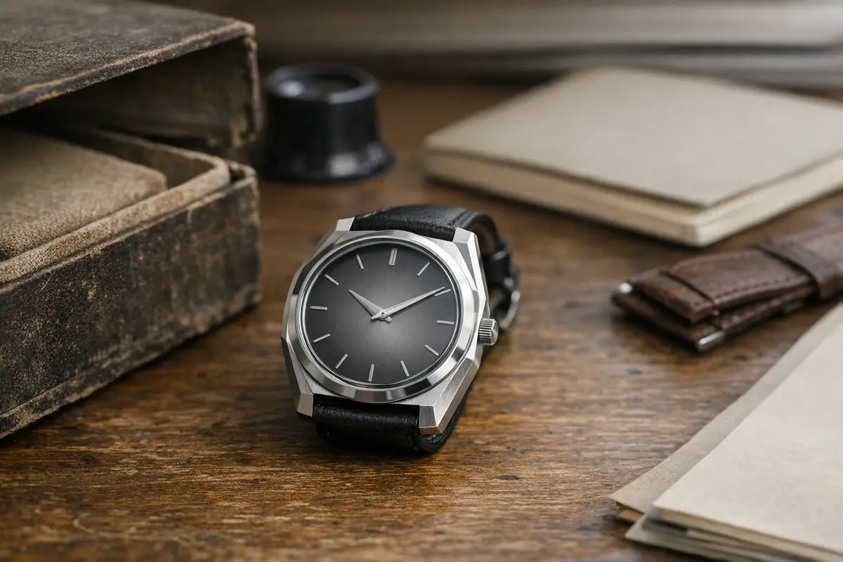 Orologio da polso vintage su scrivania in legno accanto a scatola consumata, lente e taccuino sfocati sullo sfondo