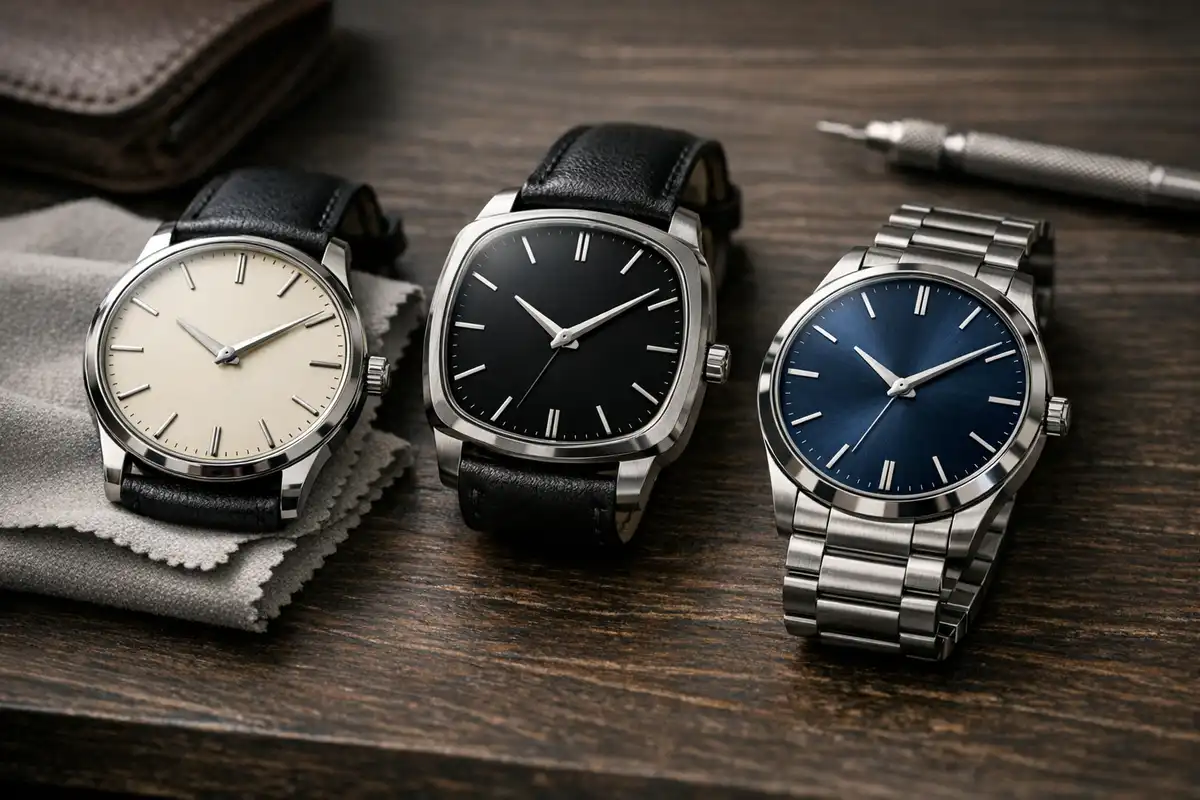 Tre orologi da polso minimalisti su un tavolo di legno scuro, con quadranti crema, nero e blu e un panno in tessuto