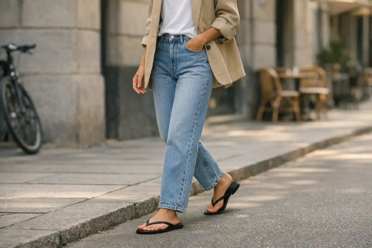 Donna che cammina in città con infradito nere minimal, jeans chiari dritti e blazer beige