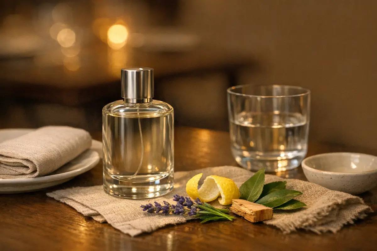 Flacone di profumo senza etichetta su tavolo di legno con bicchiere d’acqua, lavanda, scorza di limone e legno