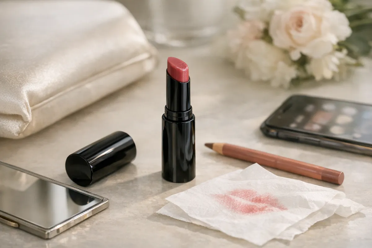 Rossetto in stick aperto su un vanity con specchietto, matita labbra, fazzoletto con impronta e fiori chiari