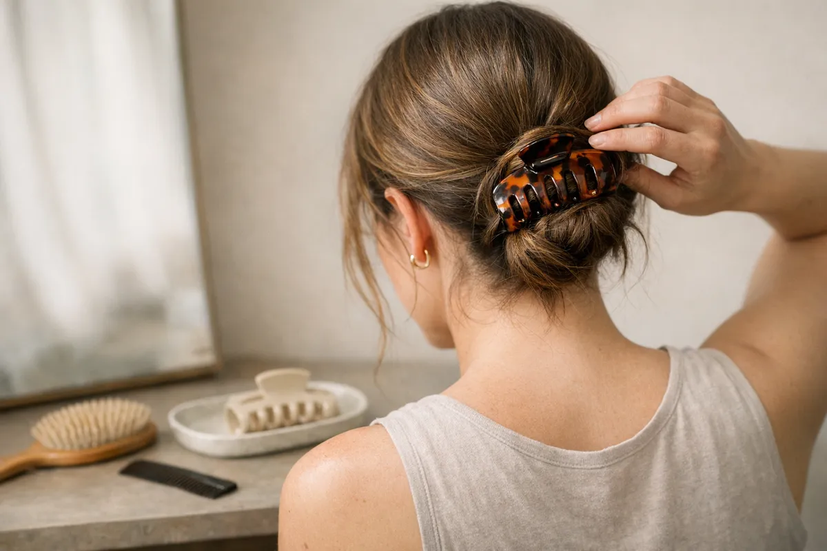 Donna vista di spalle mentre sistema uno chignon basso con una pinza a granchio tartarugata davanti allo specchio