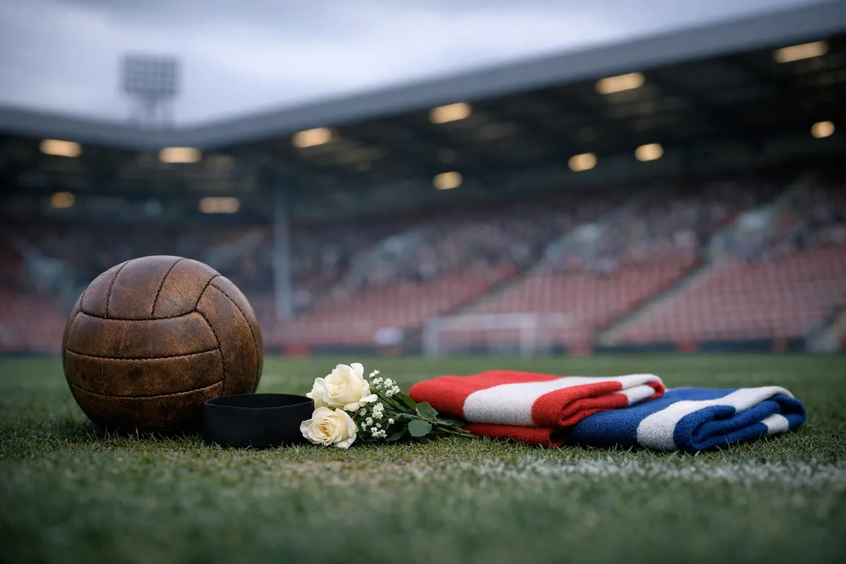 Pallone in cuoio, fascia nera e rose bianche accanto a due sciarpe piegate su un campo di calcio