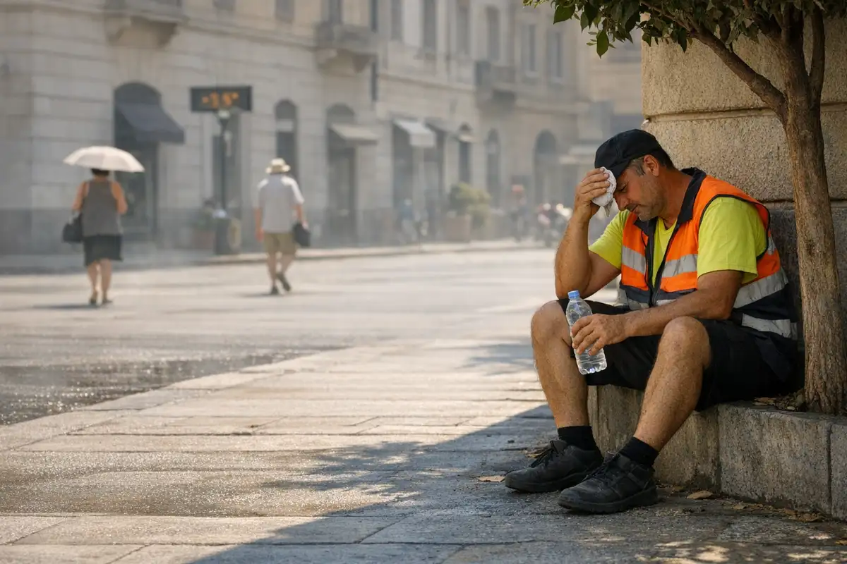 Operaio con gilet ad alta visibilità seduto all’ombra, si asciuga il sudore e tiene una bottiglia d’acqua in città