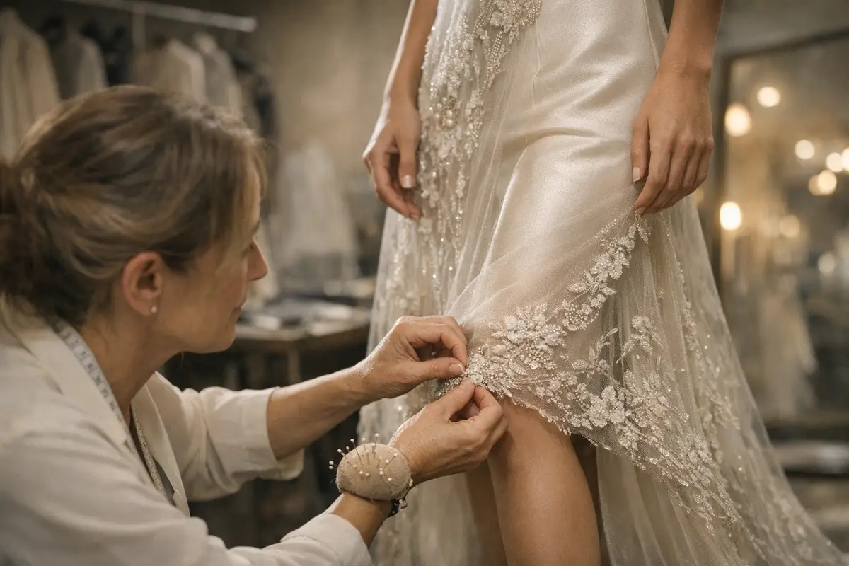 Sarta sistema l’orlo ricamato di un abito couture color avorio su una modella, in un atelier dietro le quinte