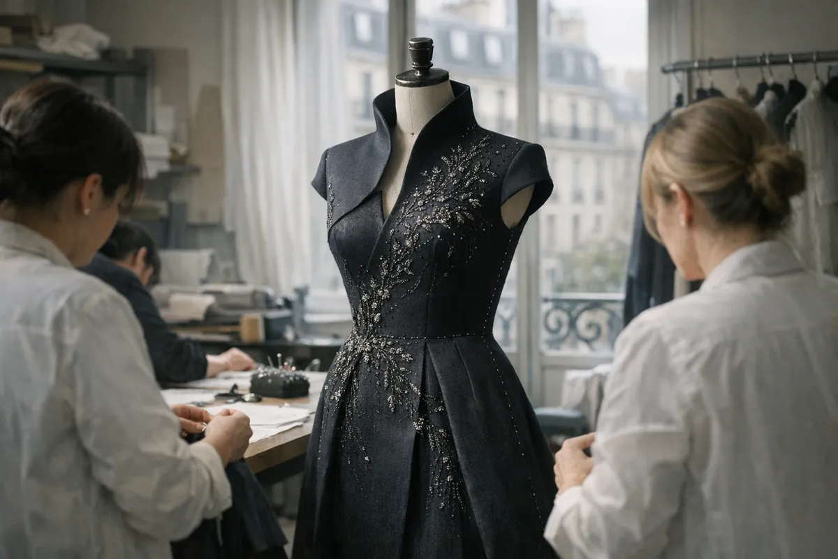 Abito couture scuro ricamato su manichino in atelier parigino, con sarte al lavoro vicino a grandi finestre