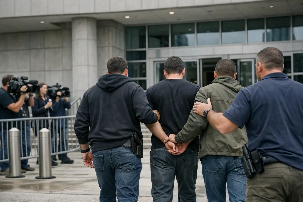 Due uomini ammanettati scortati da agenti in borghese verso l’ingresso di un tribunale, con giornalisti sullo sfondo