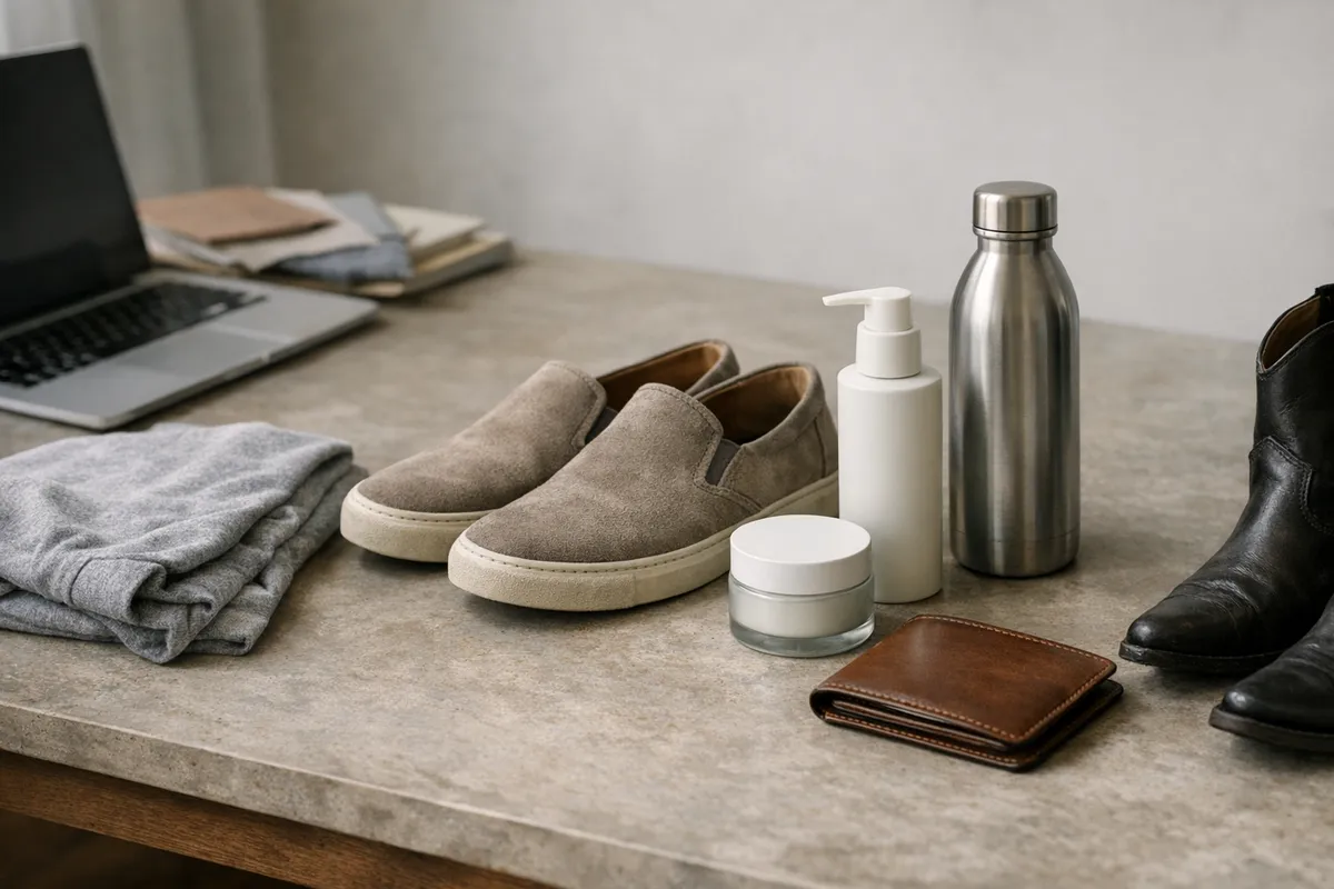 Oggetti lifestyle su una scrivania: tessuto grigio piegato, slip-on in suede, flaconi skincare, borraccia in metallo