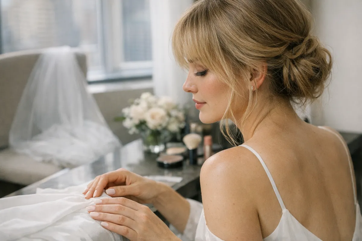 Sposa di profilo con chignon basso e frangia, manicure rosa tenue e velo appoggiato su una sedia