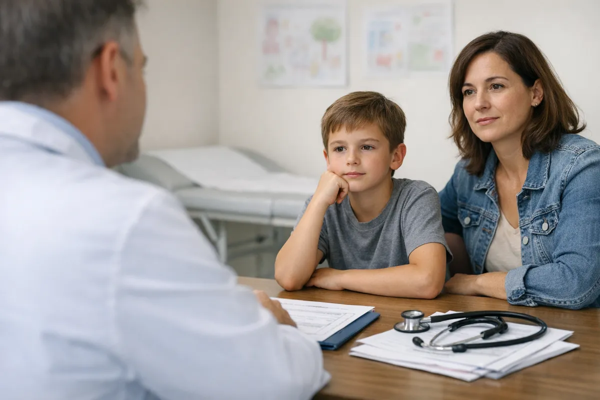Pediatra in camice parla con una madre e un bambino seduti al tavolo, con stetoscopio e documenti in studio medico