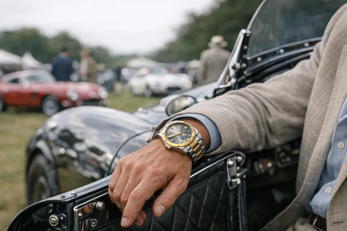 Polso con orologio bicolore in acciaio e oro appoggiato alla portiera di un’auto d’epoca, auto classiche sfocate sul prato