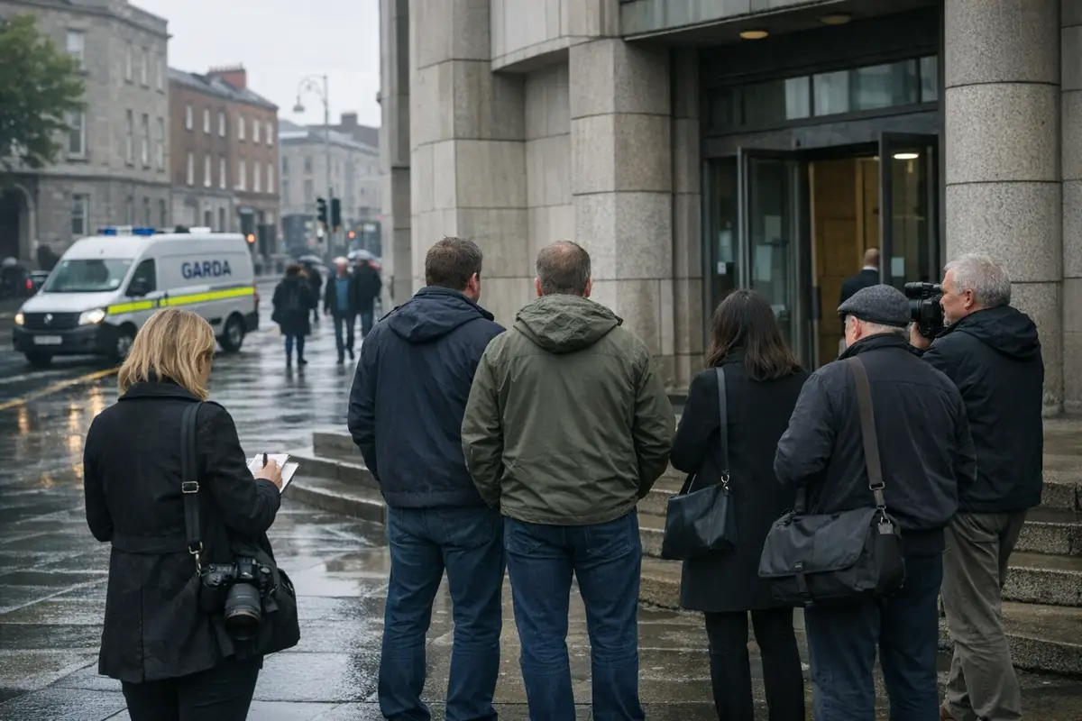 Giornalisti e passanti davanti all’ingresso di un tribunale in una giornata piovosa, con un furgone della Garda in strada