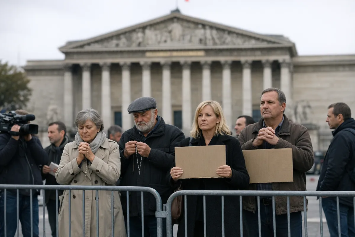 Manifestanti dietro transenne davanti all’Assemblea nazionale francese, con rosari e cartelli vuoti
