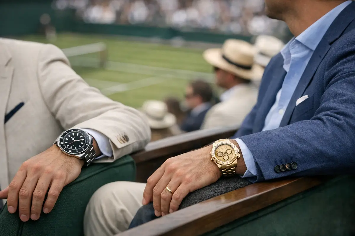 Due uomini in tribuna con completi estivi, primi piani su un orologio in acciaio e uno in oro, campo da tennis sfocato