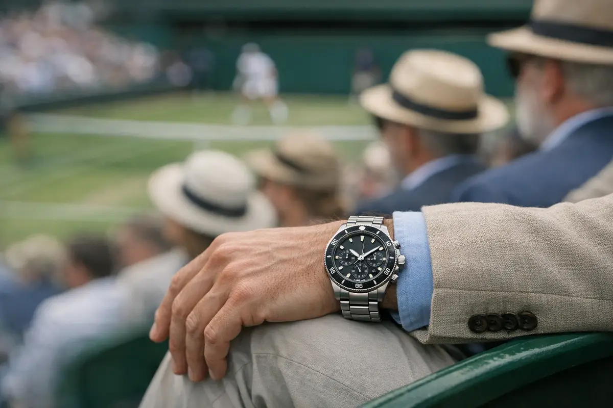 Polso di uno spettatore con orologio cronografo in acciaio sugli spalti di un torneo di tennis su erba