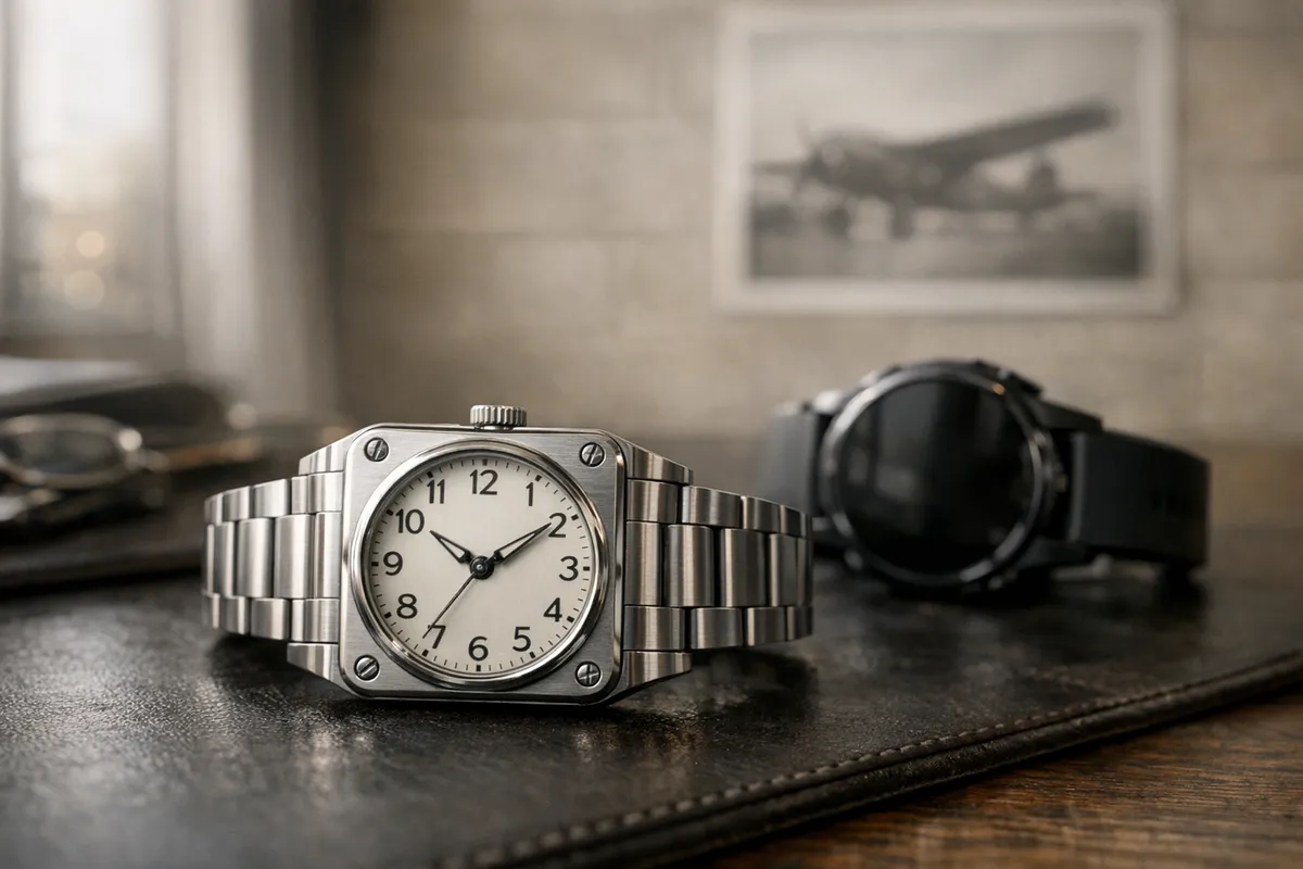 Orologio meccanico quadrato in acciaio su base in pelle, con smartwatch nero sfocato sullo sfondo