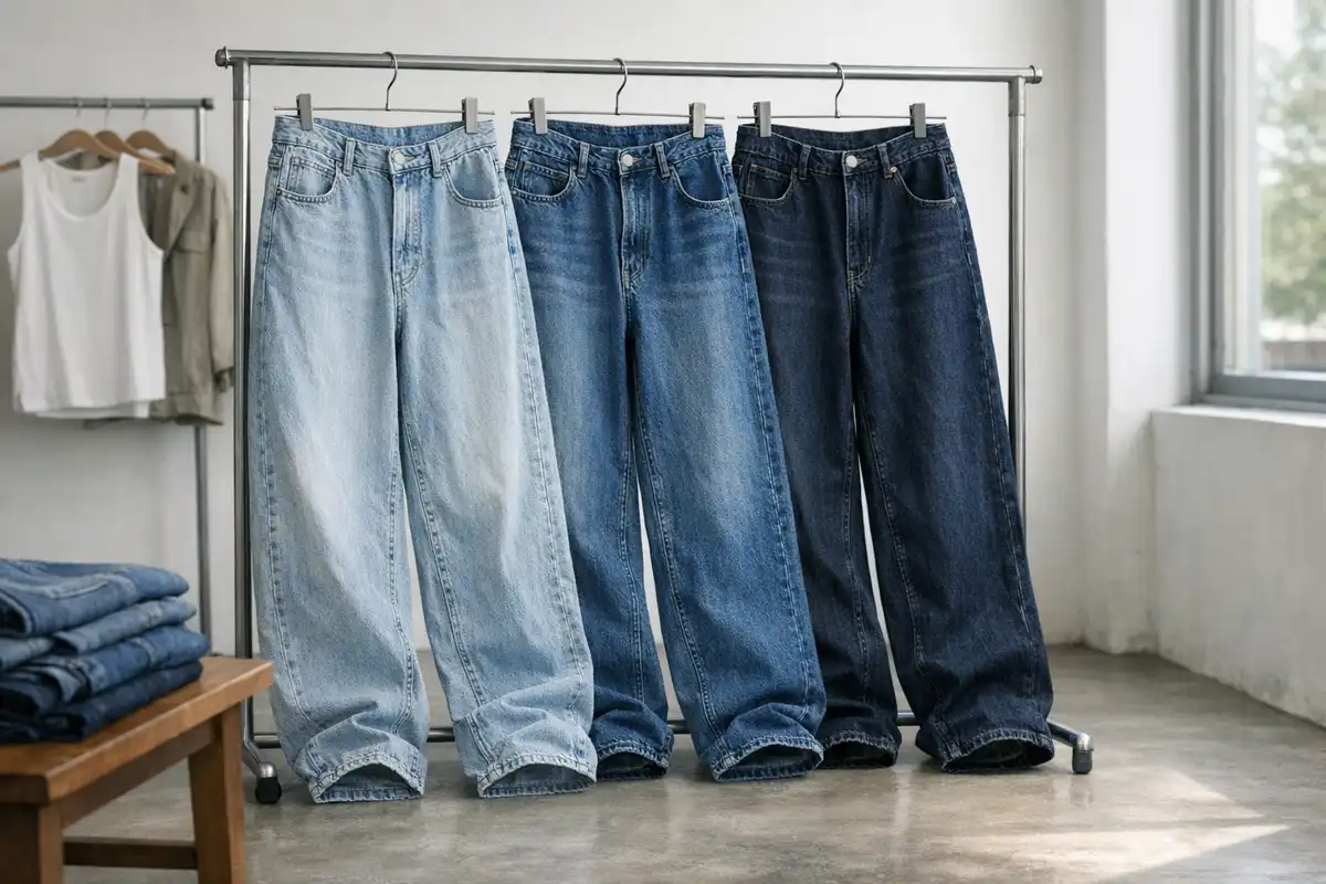 Tre paia di jeans baggy a gamba ampia in tre lavaggi, appesi su una rastrelliera in uno showroom luminoso