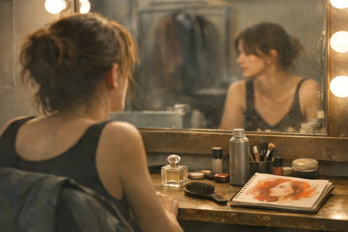 Attrice di spalle davanti allo specchio del camerino, con profumo, spazzola e sketchbook con ritratto rosso sul tavolo