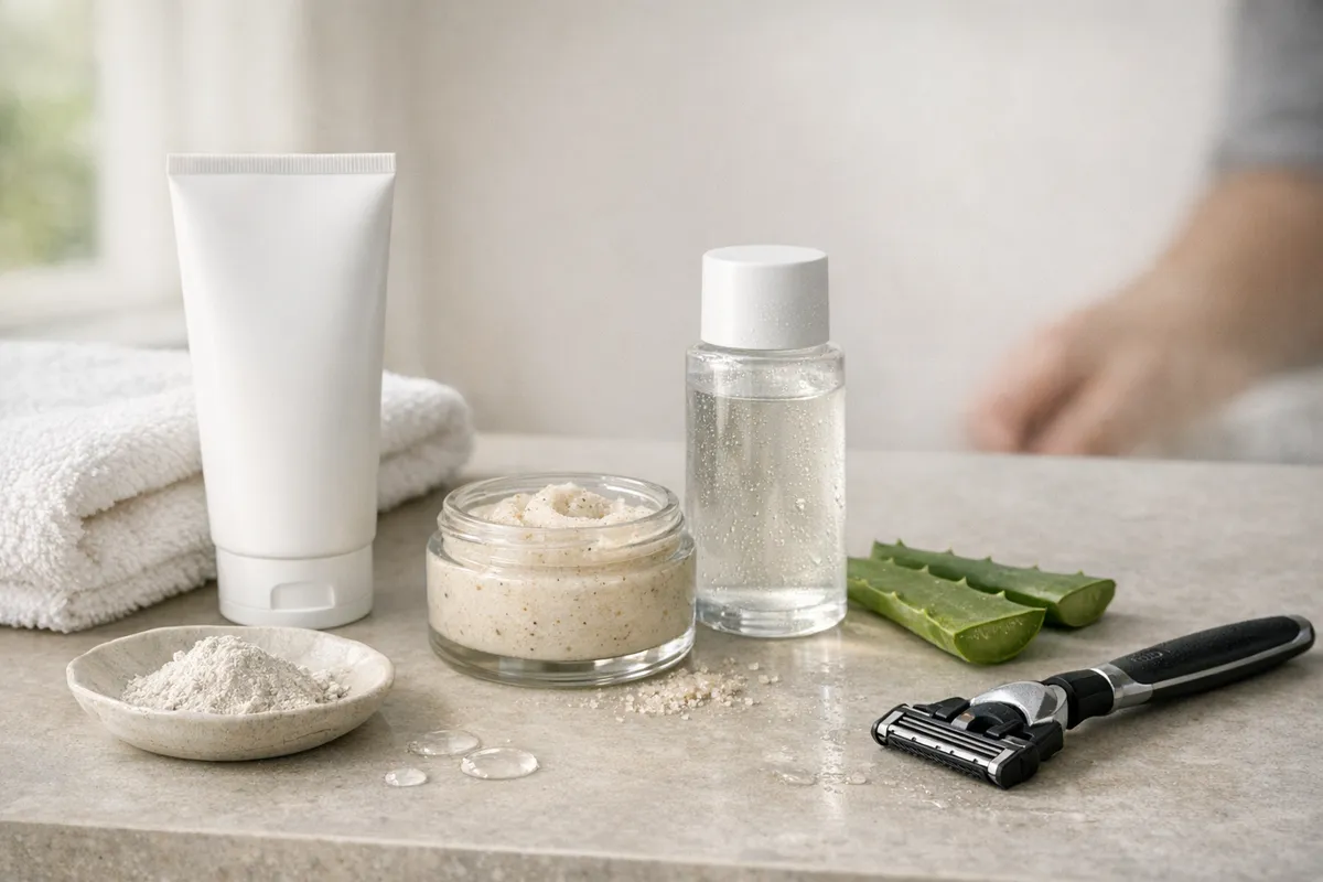 Prodotti per esfoliazione viso su piano bagno: tubo bianco, scrub in barattolo, flacone trasparente, aloe e rasoio