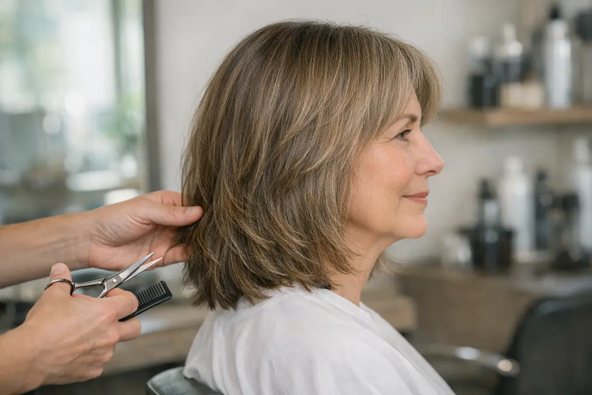 Donna con taglio medio scalato alle spalle mentre il parrucchiere sistema i capelli con forbici e pettine