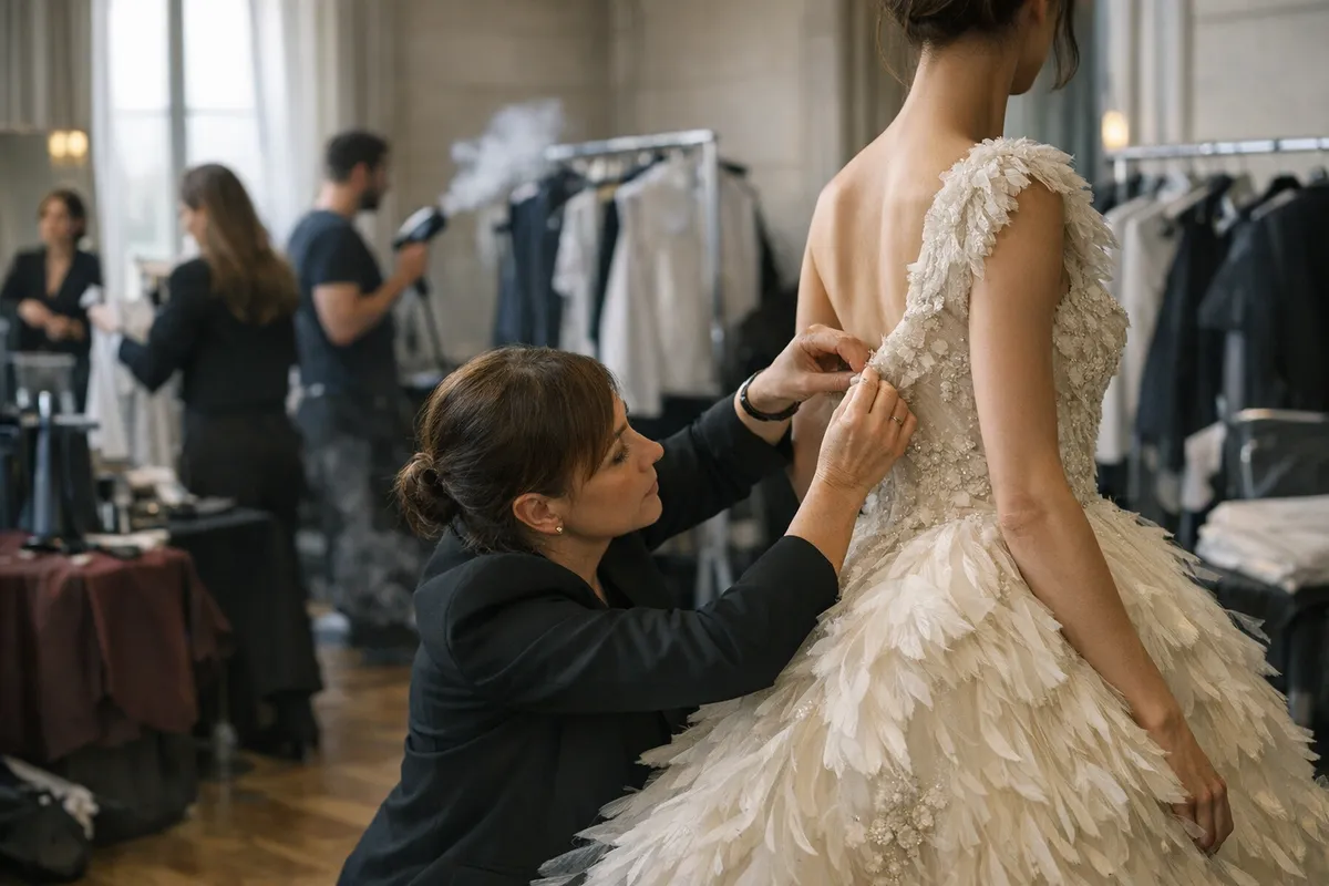 Sarta sistema il corpetto di un abito couture avorio con gonna piumata, backstage con appendiabiti