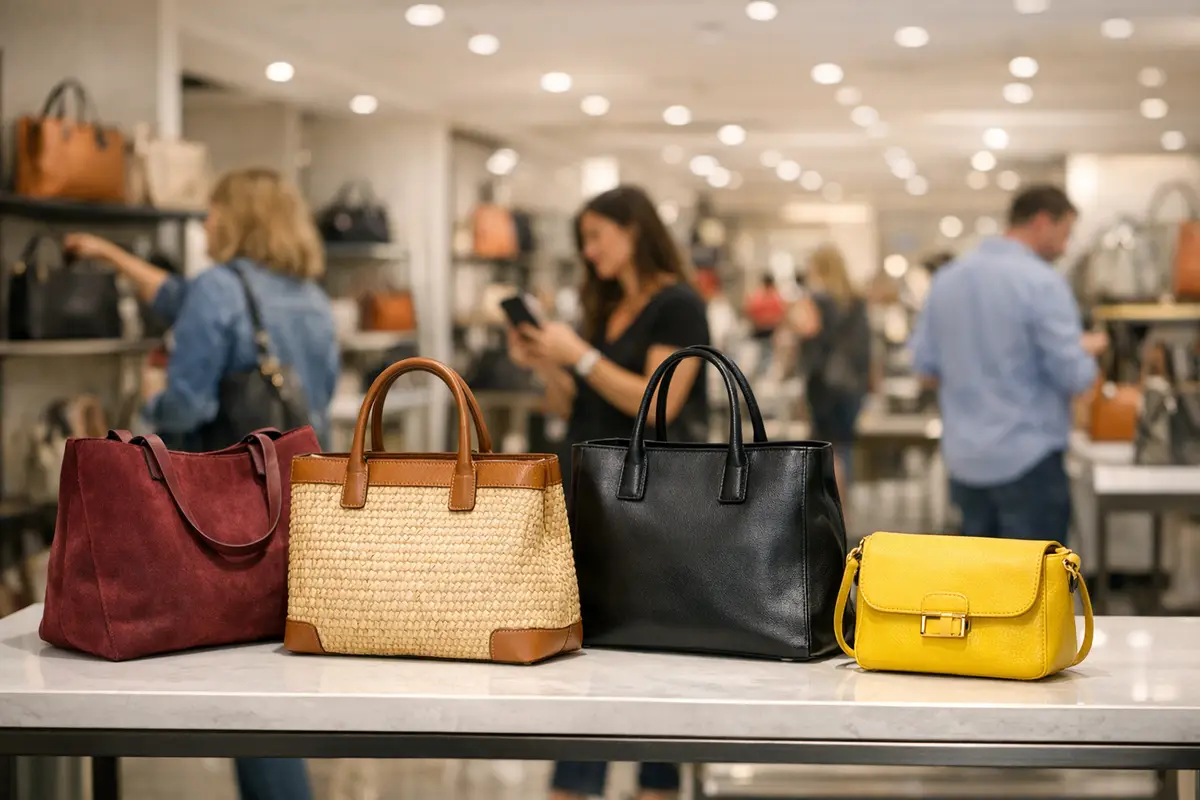 Quattro borse su un tavolo in un reparto accessori, con shopper sfocati sullo sfondo