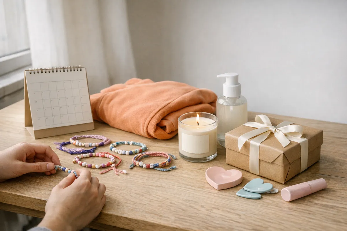 Mani che assemblano braccialetti colorati su un tavolo con felpa arancione, candela accesa, calendario e regalo