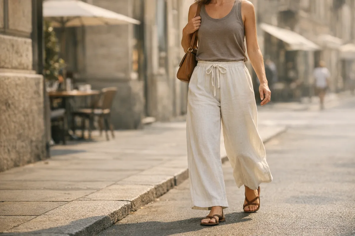 Donna che cammina in città con pantaloni chiari a gamba ampia con coulisse, top senza maniche e sandali