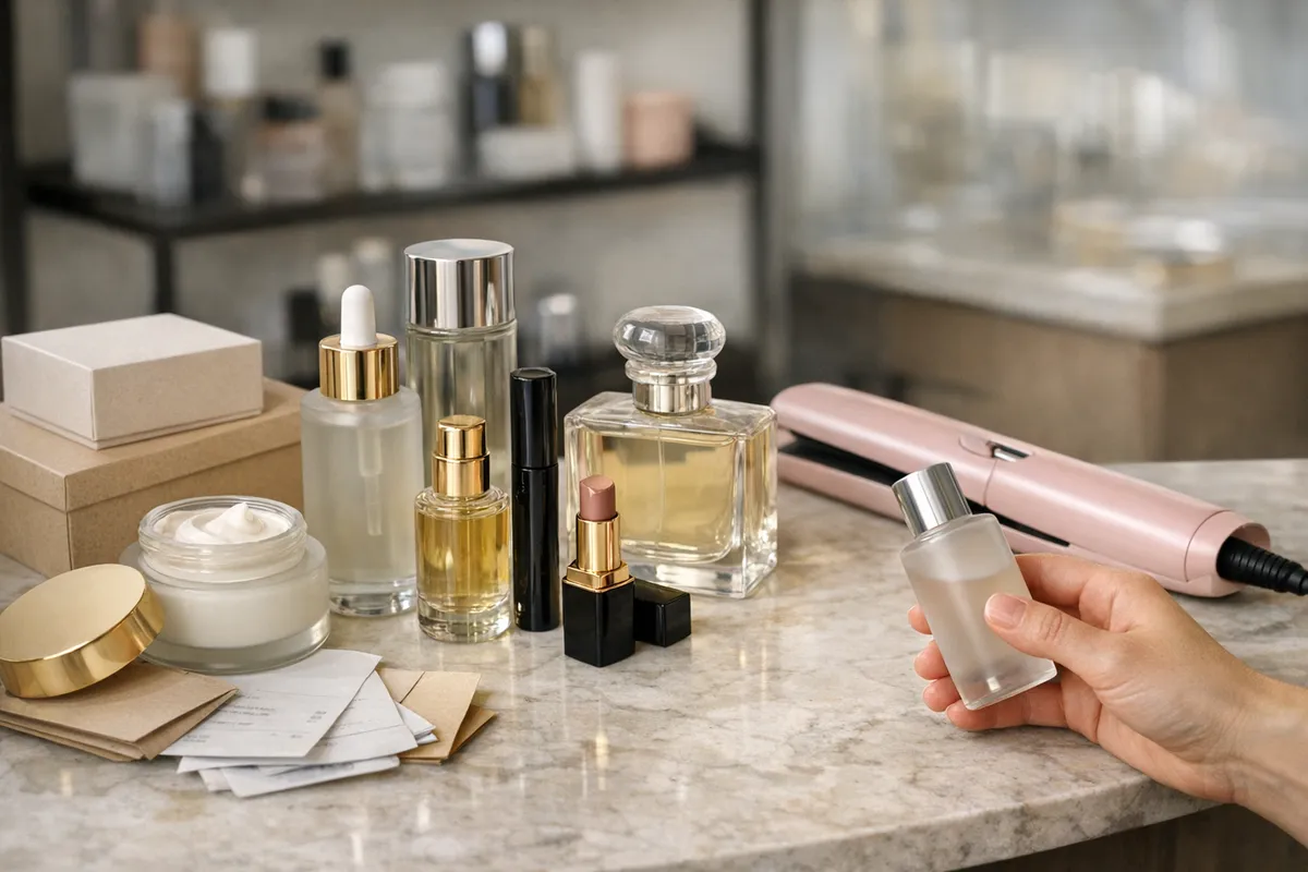 Prodotti beauty di fascia alta su piano in marmo con flaconi, crema, profumo, rossetto e piastra rosa, mano che regge un