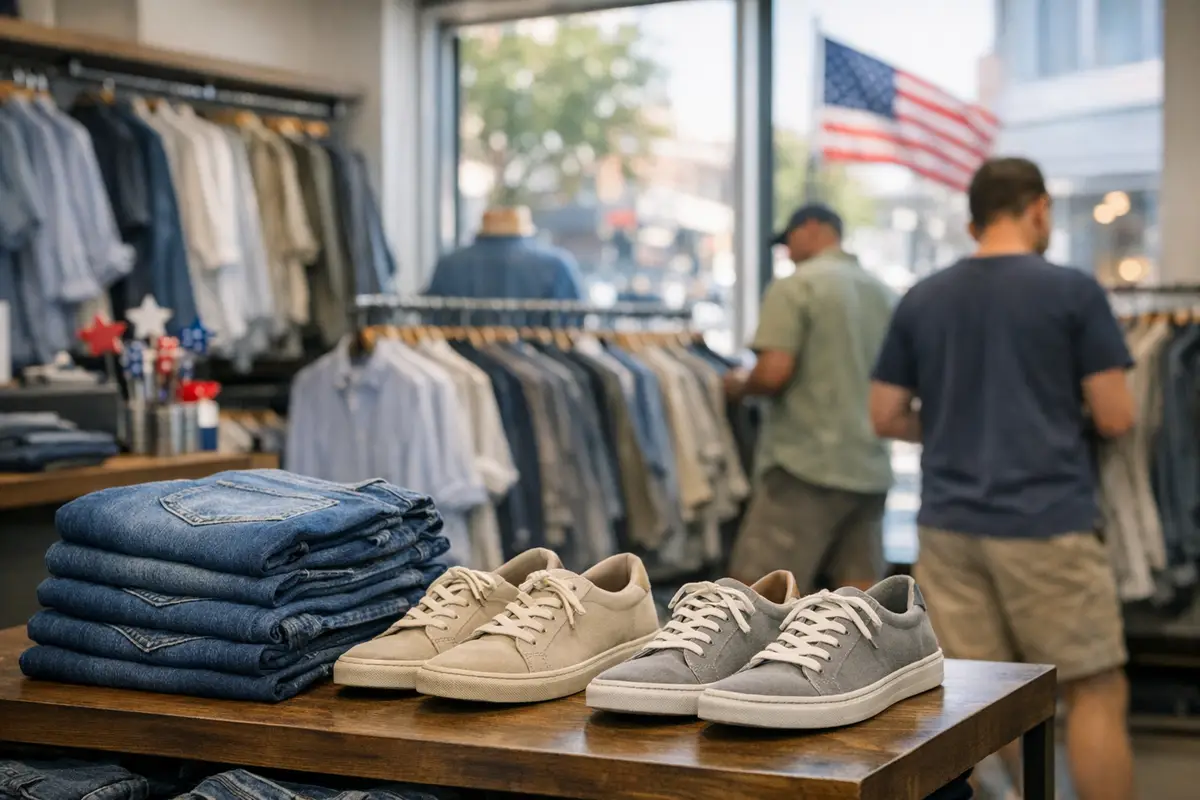 Pila di jeans e due paia di sneakers su un tavolo in un negozio di abbigliamento uomo, con clienti sullo sfondo