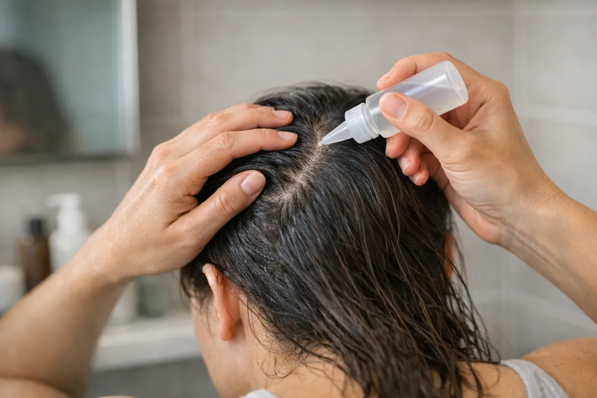 Applicazione di un risciacquo per il cuoio capelluto con flacone a beccuccio su capelli bagnati in bagno