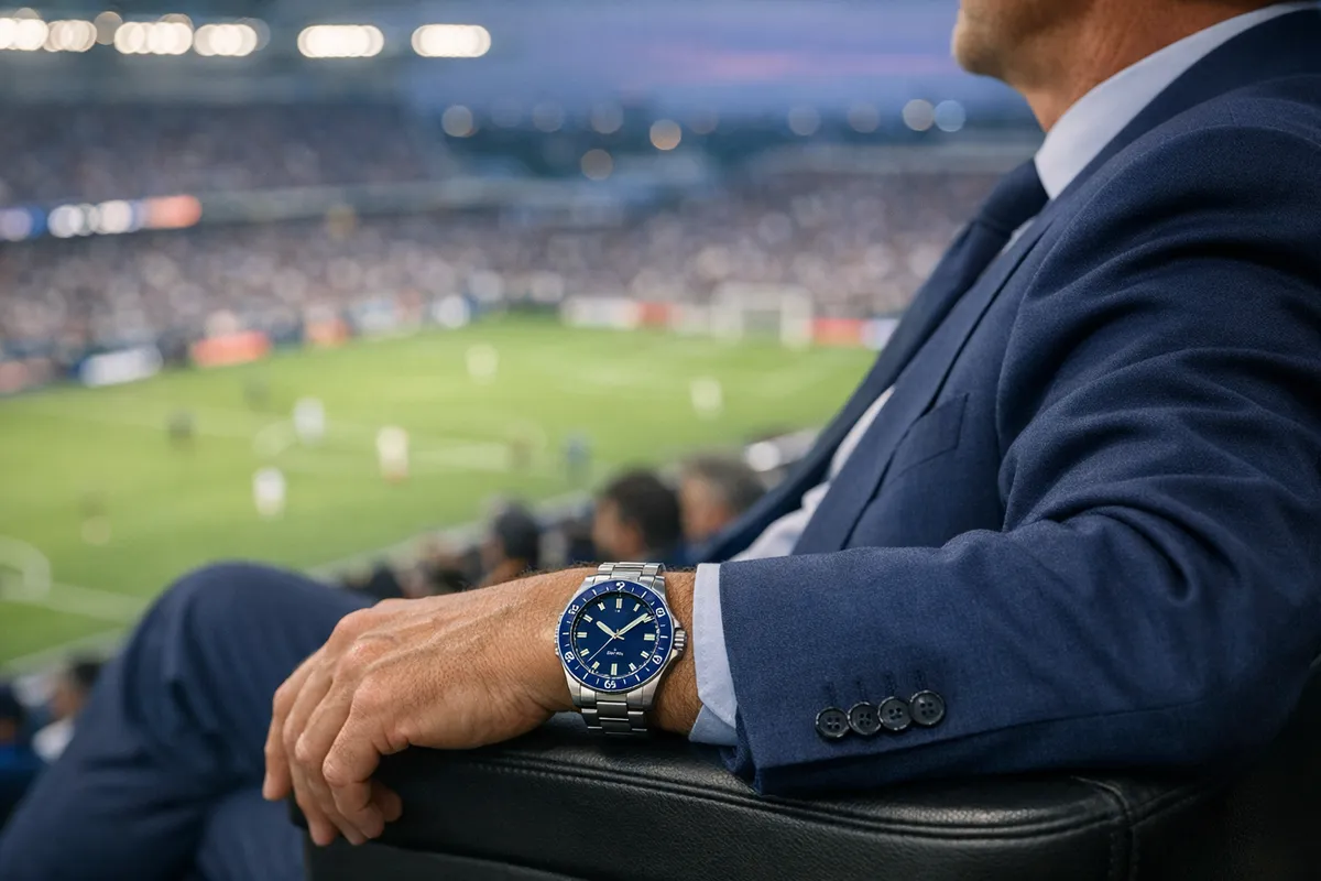 Polso con orologio subacqueo dal quadrante blu su bracciale in acciaio, in tribuna durante una partita di calcio