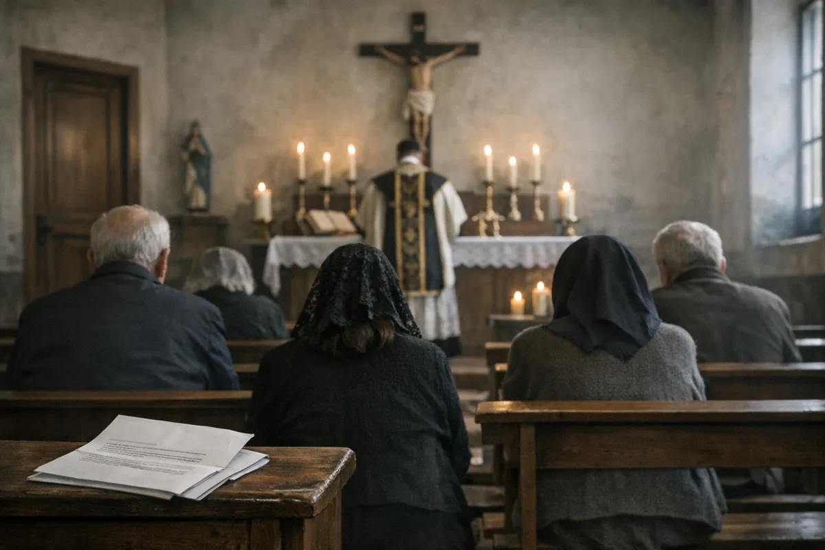 Fedeli visti da dietro in una cappella, con sacerdote all’altare, candele e crocifisso; un foglio su una panca