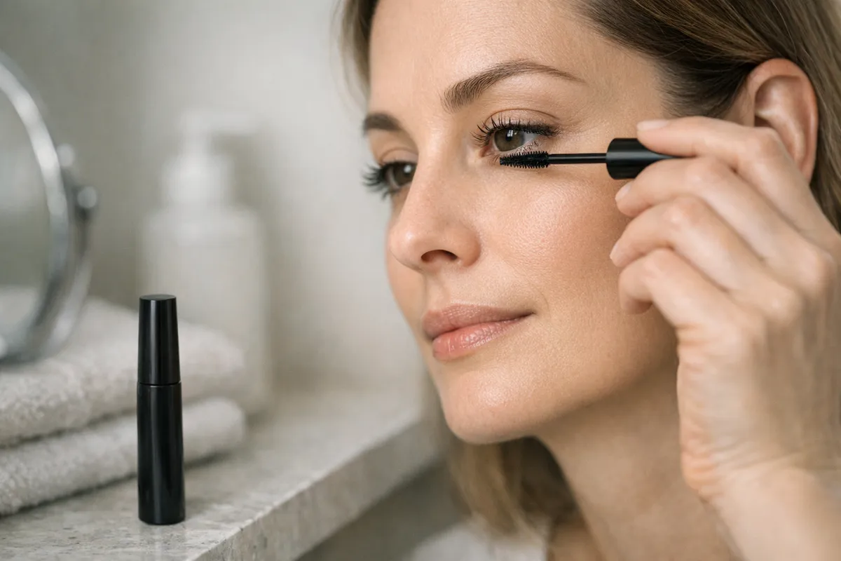 Donna applica il mascara con uno scovolino sottile davanti allo specchio in un bagno luminoso, con tubo nero sul piano