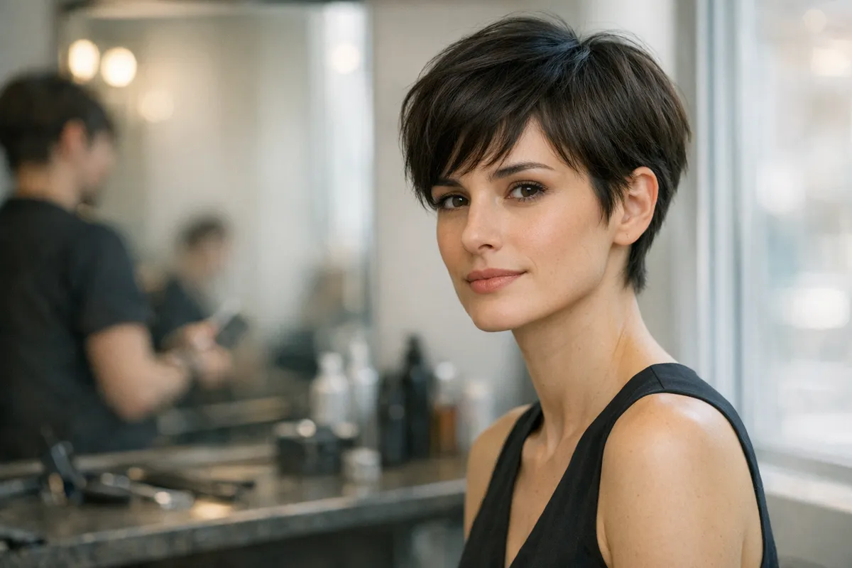 Donna con taglio pixie gamine morbido in salone, ripresa di tre quarti con sfondo sfocato