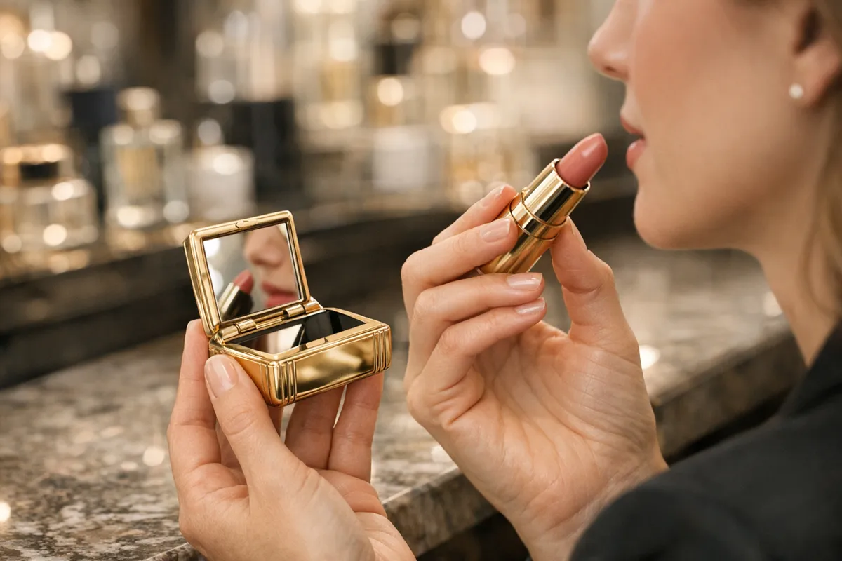 Donna si ritocca le labbra con rossetto nude davanti a uno specchietto integrato in un case dorato
