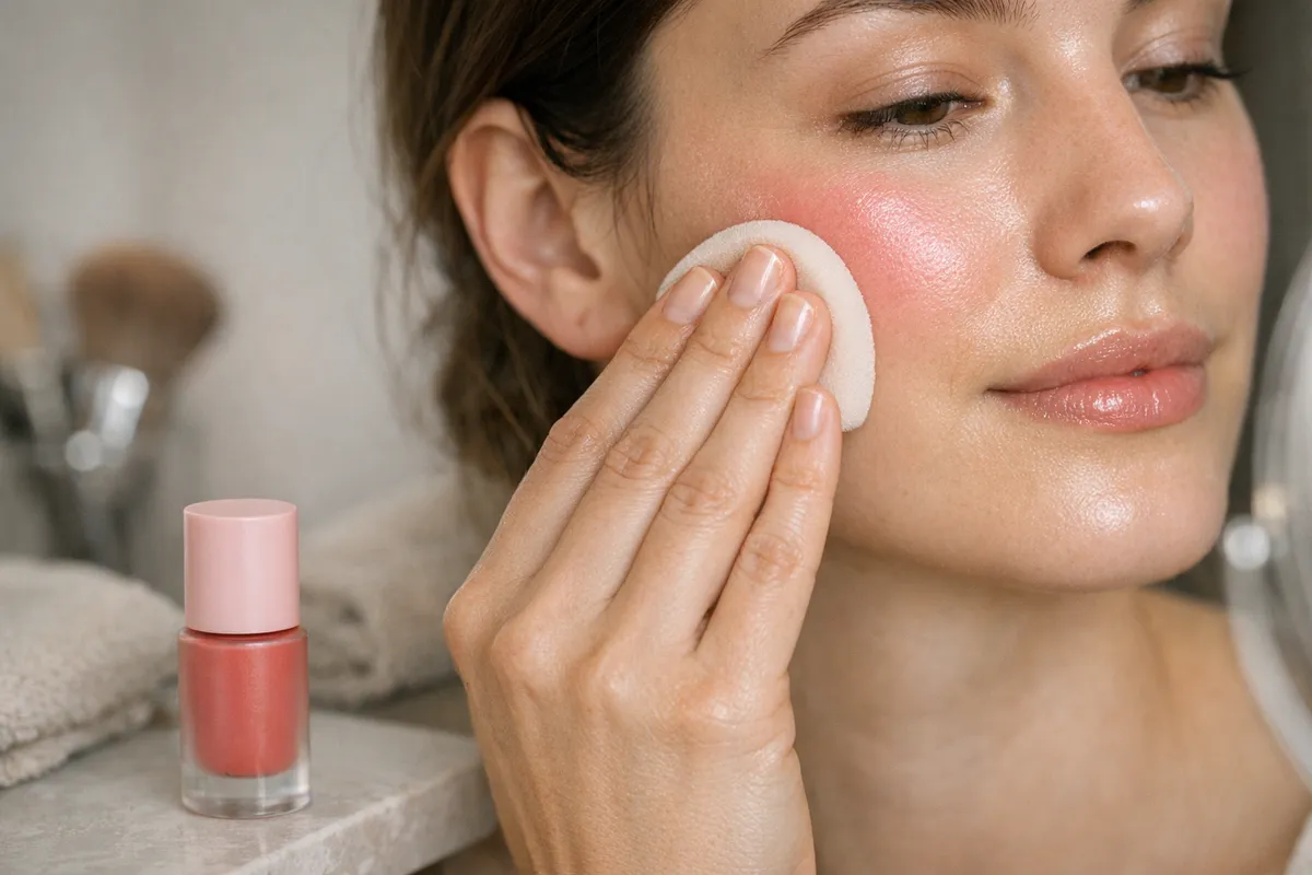 Donna applica blush liquido sulla guancia con una spugnetta, pelle luminosa effetto glow, flacone rosa sul piano