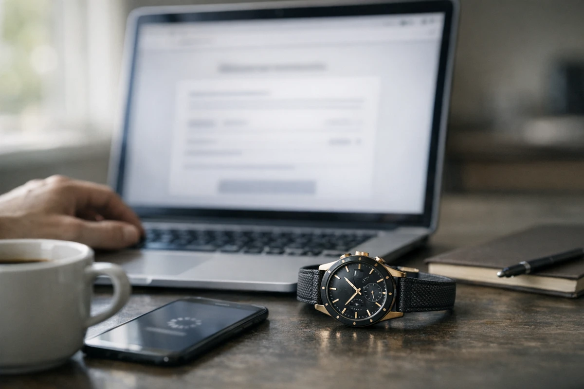 Orologio nero con dettagli dorati su una scrivania accanto a laptop con modulo sfocato e smartphone in caricamento