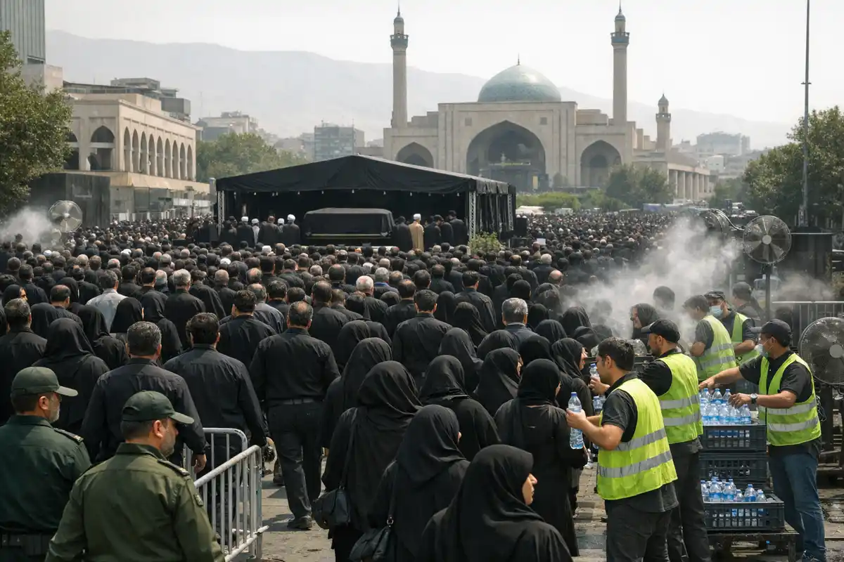 Folla in nero a un funerale davanti a una moschea con cupola, bara sotto un tendone e volontari che distribuiscono acqua